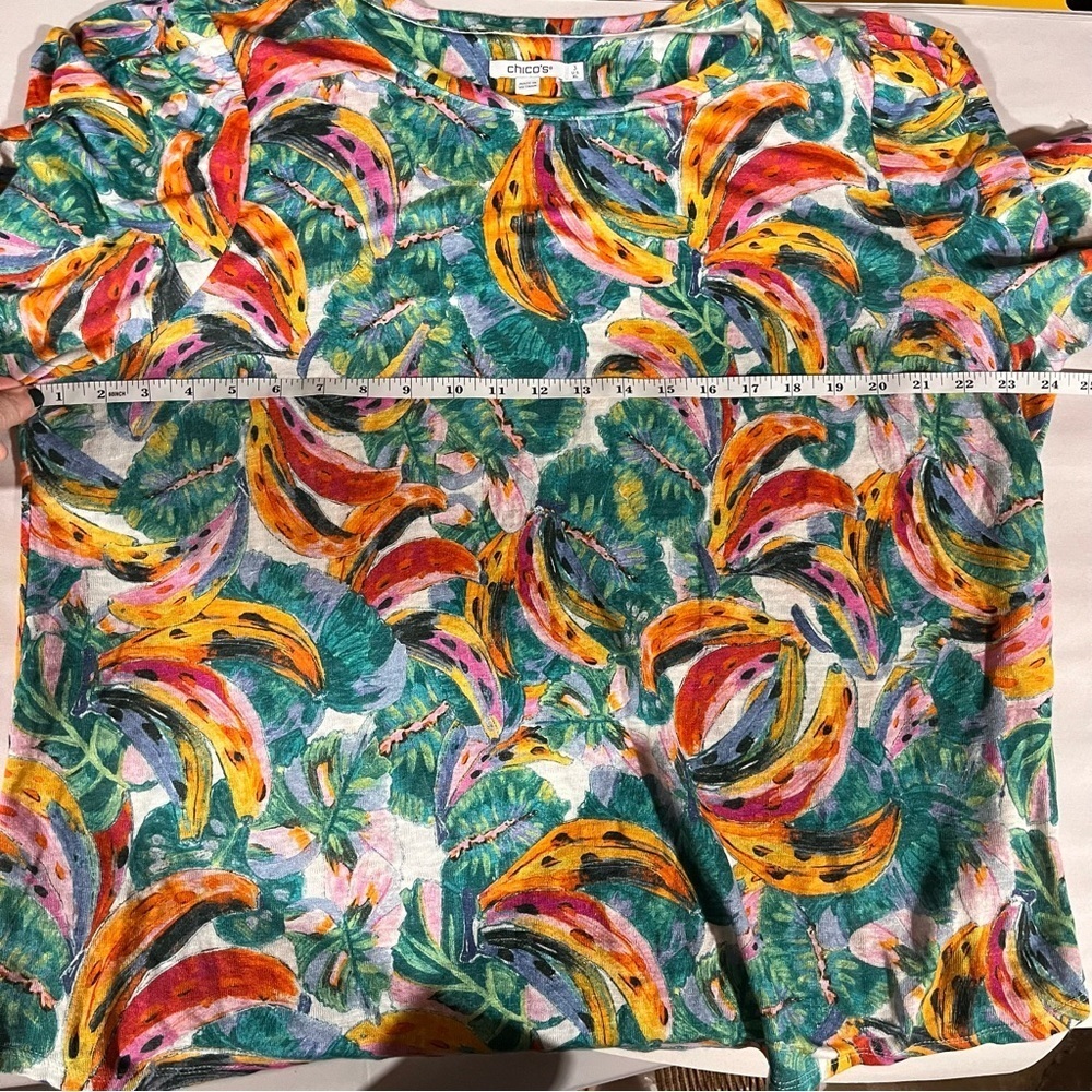 Chico's 100% Linen Tropical Banana Print Short Sleeve Top Size 3 - Picture 8 of 10